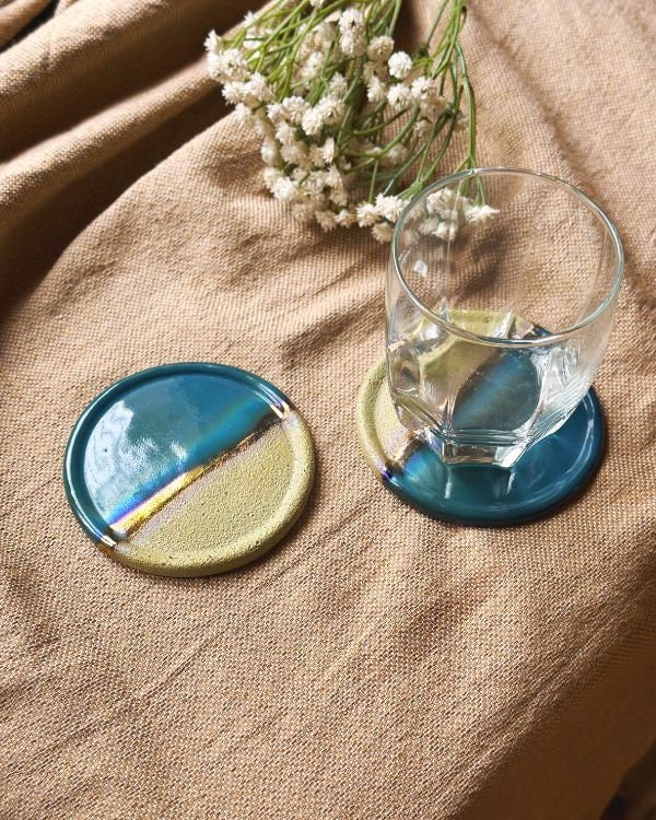 Blue, Green & Gold Coaster Set | Glossy, Matte, and Subtle Metallic Finish | Artistic Handmade Reduction Firing Pottery Home Decor