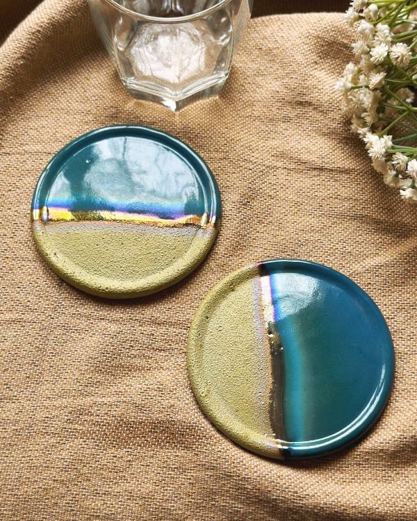Blue, Green & Gold Coaster Set | Glossy, Matte, and Subtle Metallic Finish | Artistic Handmade Reduction Firing Pottery Home Decor