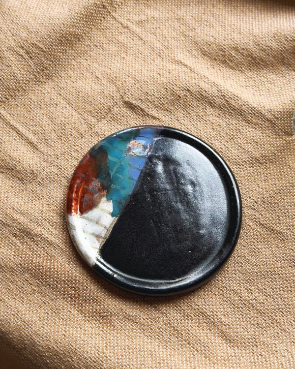 Black Coaster Set | with Multi-Color Abstract Art | Semi-Matteand Subtle Metallic Finish | Artistic Handmade Pottery Home Decor