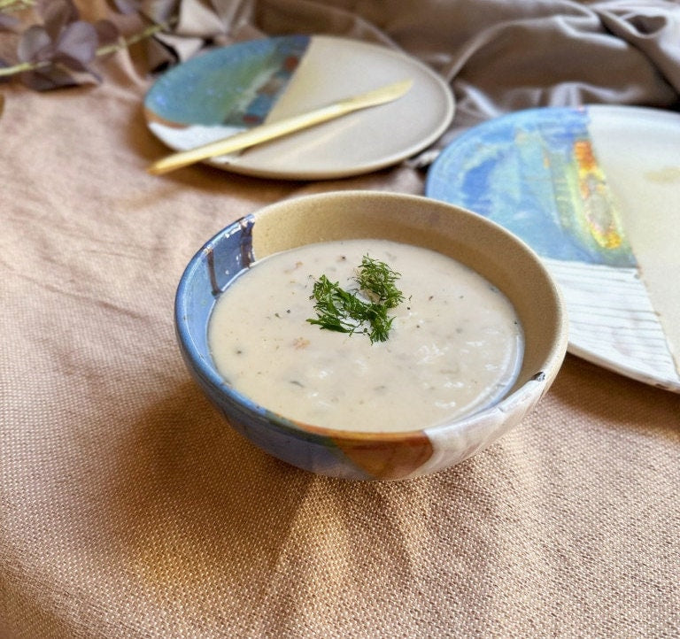 Beige Bowls Set | with Pastel Abstract Art | with Metallic Highlights | for Soup, Salads, or Appetizers | Artisanal Ceramic Dinner Set