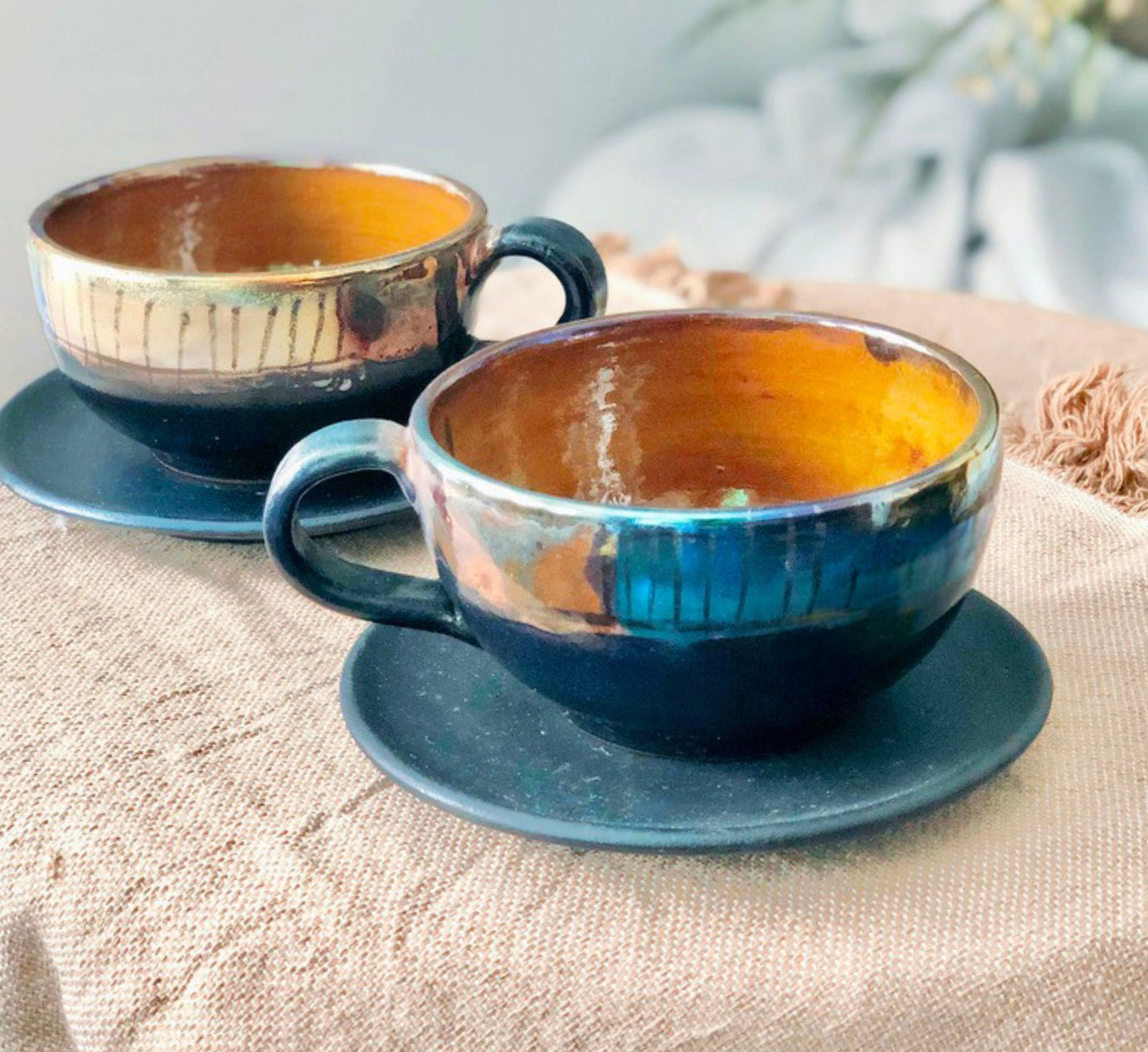 Black Large Cup & Saucer Set | with Multi-Color Rim with Abstract Design | for Cappuccino, Latte, Coffee, Hot Chocolate, Tea | Perfect Gift