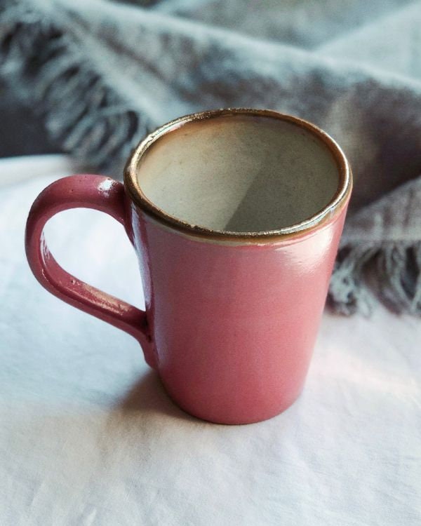 Pink Mug with Gold Metallic Rim | Glossy Glazing Handmade Ceramic Coffee Latte Mug | Shades of Salmon Pink and Rose