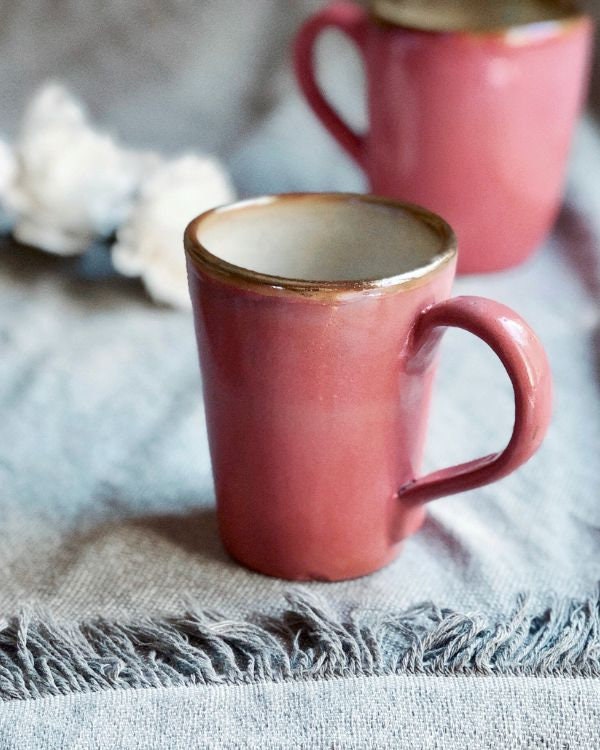 Pink Mug with Gold Metallic Rim | Glossy Glazing Handmade Ceramic Coffee Latte Mug | Shades of Salmon Pink and Rose