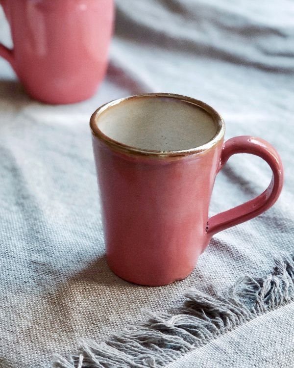 Pink Mug with Gold Metallic Rim | Glossy Glazing Handmade Ceramic Coffee Latte Mug | Shades of Salmon Pink and Rose