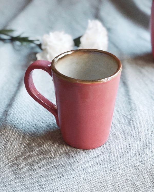 Pink Mug with Gold Metallic Rim | Glossy Glazing Handmade Ceramic Coffee Latte Mug | Shades of Salmon Pink and Rose