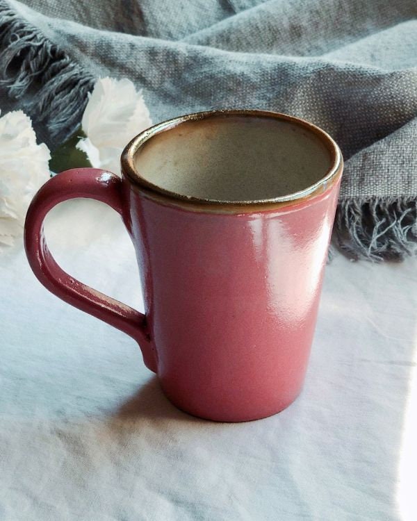 Pink Mug with Gold Metallic Rim | Glossy Glazing Handmade Ceramic Coffee Latte Mug | Shades of Salmon Pink and Rose