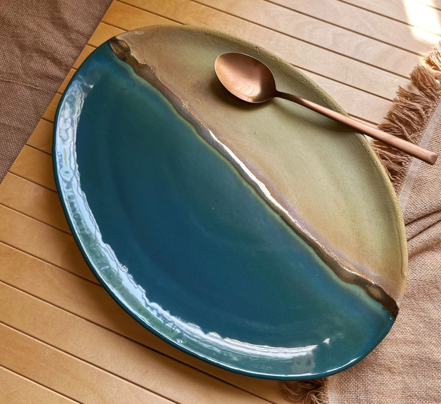 Blue, Green & Gold Serving Platter | Peacock Blue, Rustic Green and Gold Metallic Luster Stripe | Artistic Handmade Ceramic Serveware