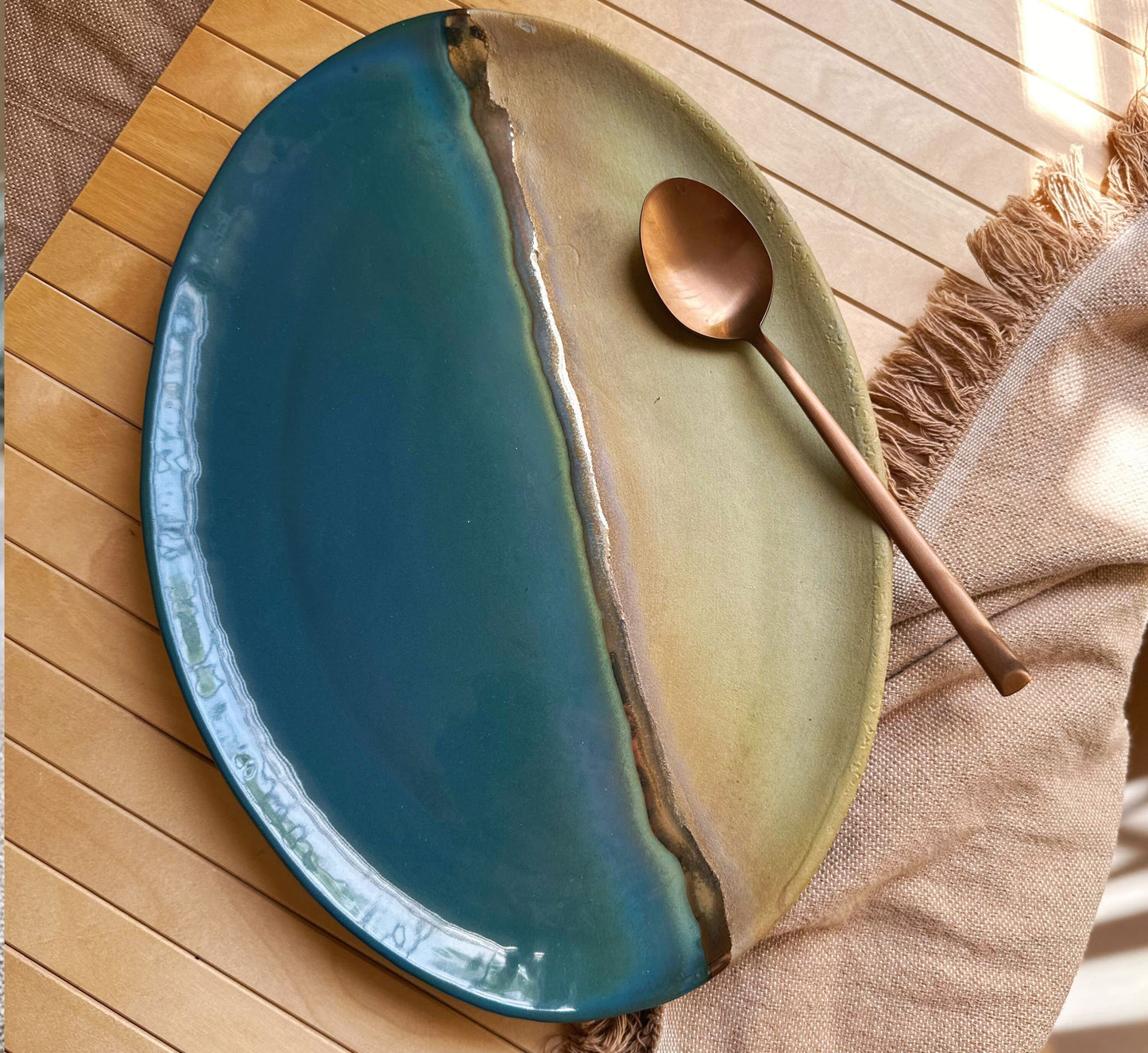 Blue, Green & Gold Serving Platter | Peacock Blue, Rustic Green and Gold Metallic Luster Stripe | Artistic Handmade Ceramic Serveware