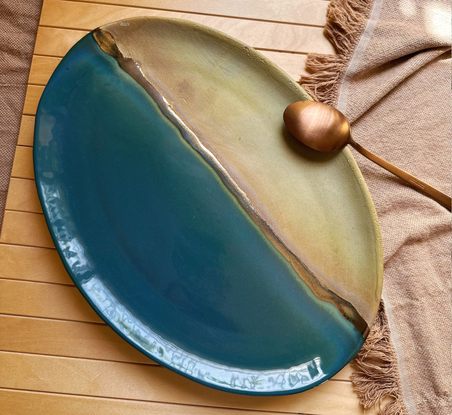 Blue, Green & Gold Serving Platter | Peacock Blue, Rustic Green and Gold Metallic Luster Stripe | Artistic Handmade Ceramic Serveware