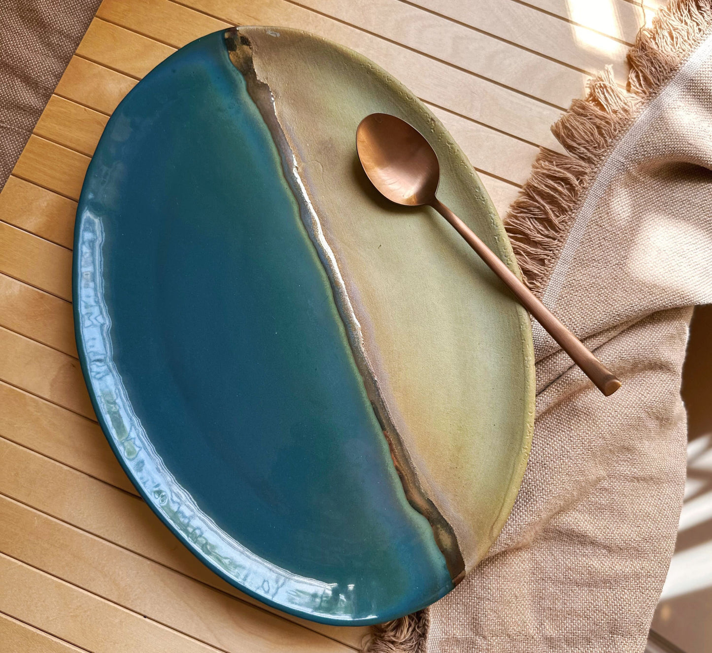 Blue, Green & Gold Serving Platter | Peacock Blue, Rustic Green and Gold Metallic Luster Stripe | Artistic Handmade Ceramic Serveware