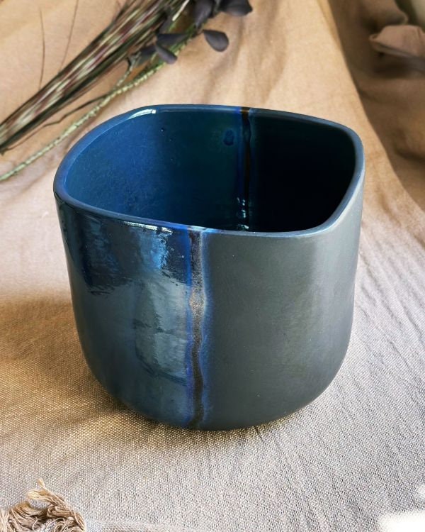 Blue & Black Plant Pot /Pottery Planter with Metallic Stripe | Matte and Glossy Finish with Drainage | Handmade Home and Garden Decor