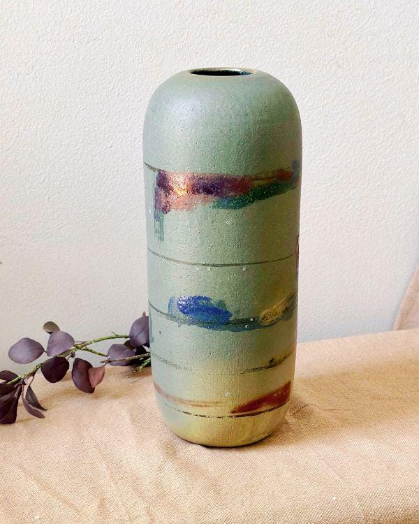 Artisanal Vase | Faded Green with Metallic Gold Rim | Random Hints of Gray with Drainage | Handmade Home and Garden Decor