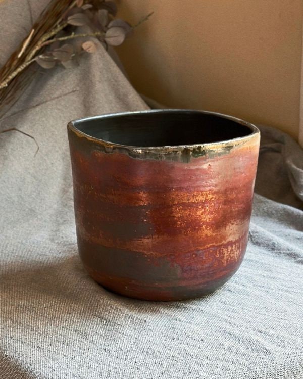 Rustic Maroon Plant Pot /Pottery Planter with Metallic Gold Rim | Random Hints of Gray with Drainage | Handmade Home and Garden Decor