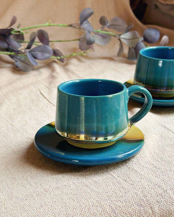 Peacock Blue & Rustic Green Tea Set with Gold Metallic Luster Details and Glazing - Artistic Reduction Firing Cups