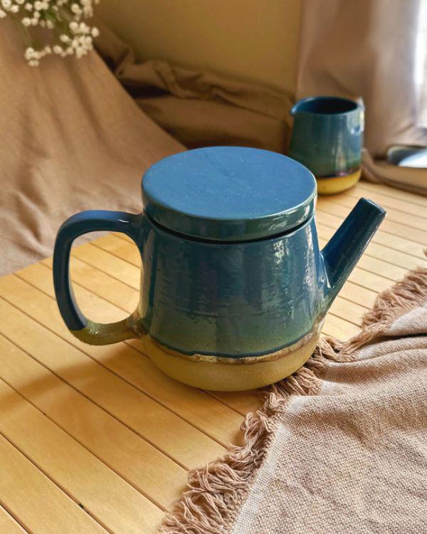 Peacock Blue & Rustic Green Tea Set with Gold Metallic Luster Details and Glazing - Artistic Reduction Firing Cups