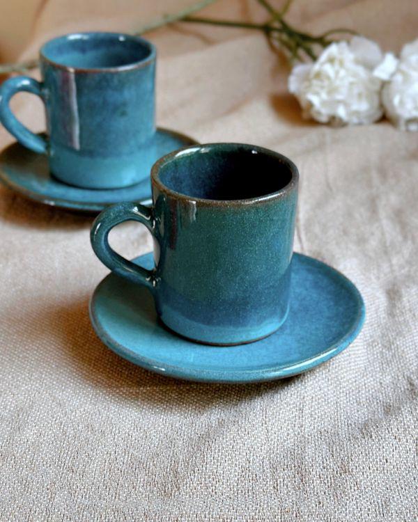 Blue Cup and Saucer Set | For Turkish, Arabic Coffee, or Espresso | Glossy Glazing with Shades of Blue, Black and Hints of Turquoise