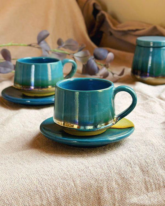Faded Green & Peacock Blue/Teal Tea Cup with Gold Metallic Luster Details and Glazing - Artistic Reduction Firing Drinkware