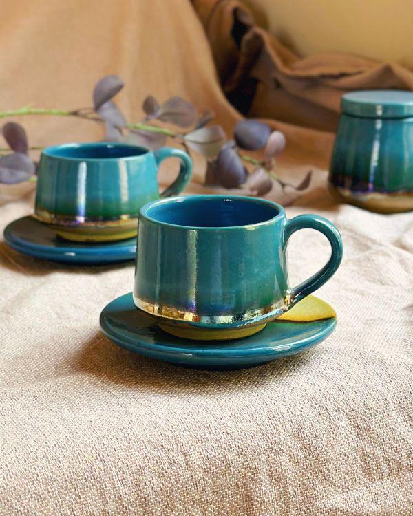 Peacock Blue & Rustic Green Tea Set with Gold Metallic Luster Details and Glazing - Artistic Reduction Firing Cups