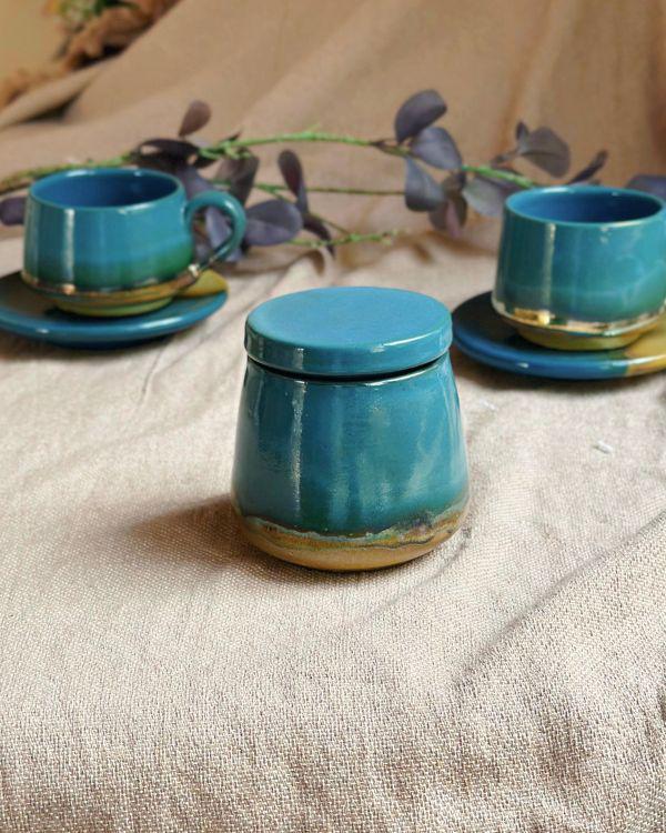 Peacock Blue & Rustic Green Tea Set with Gold Metallic Luster Details and Glazing - Artistic Reduction Firing Cups