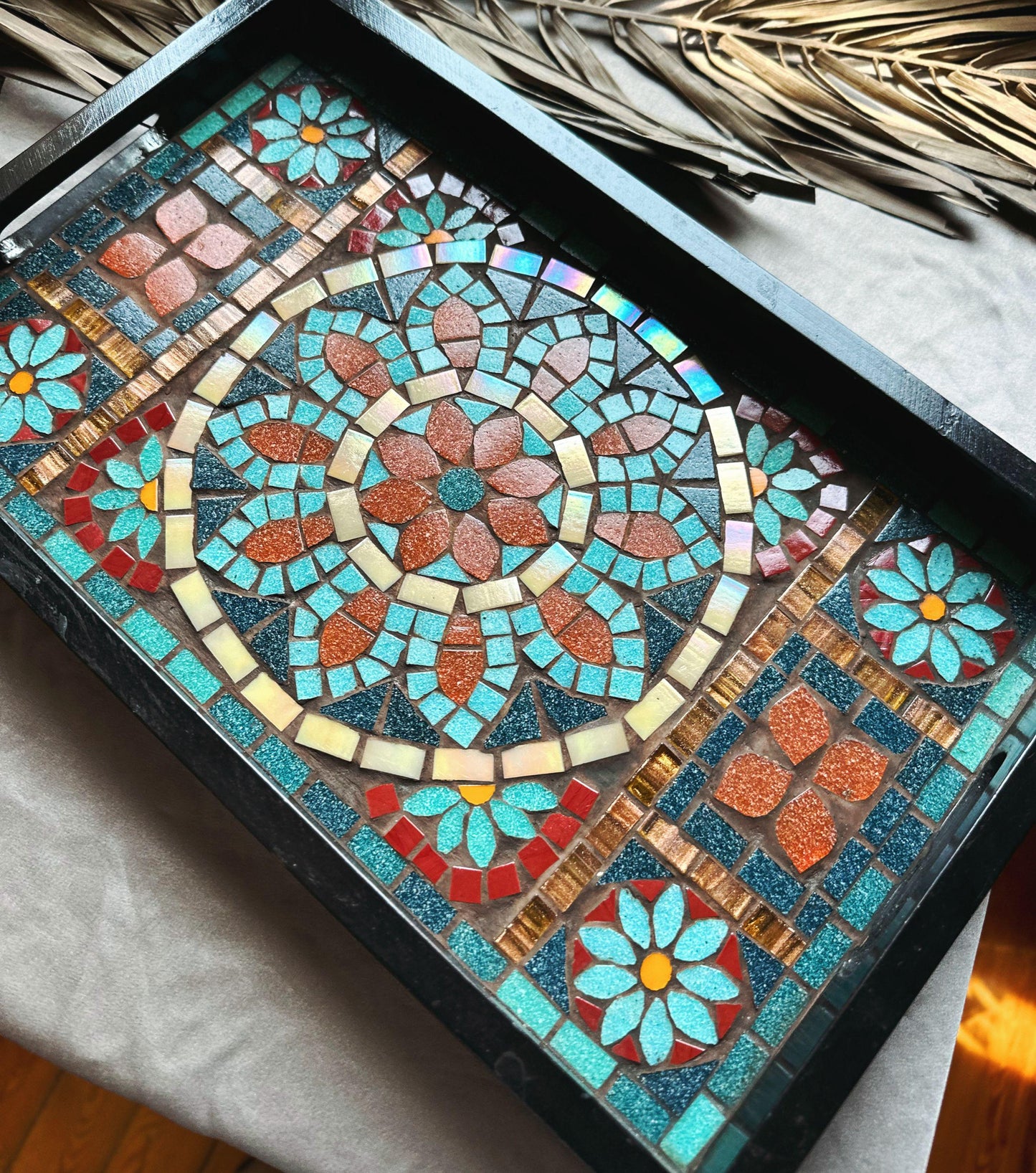 Geometric Mosaic Tray | Handcrafted Andalusia Serving Tray, Moorish Art Home Decor, Mediterranean Tilework Centerpiece | Unique Artisan Gift
