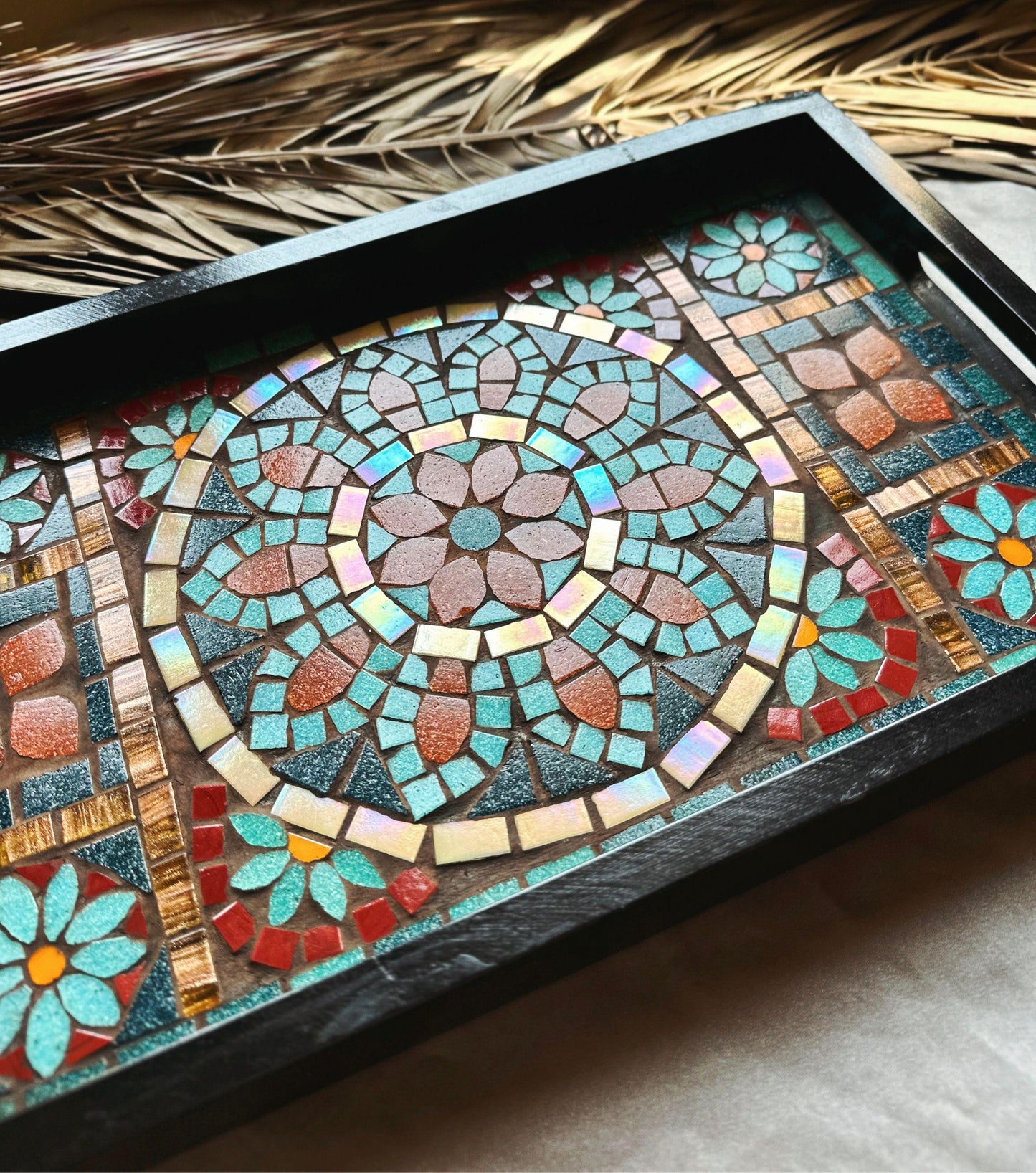 Geometric Mosaic Tray | Handcrafted Andalusia Serving Tray, Moorish Art Home Decor, Mediterranean Tilework Centerpiece | Unique Artisan Gift
