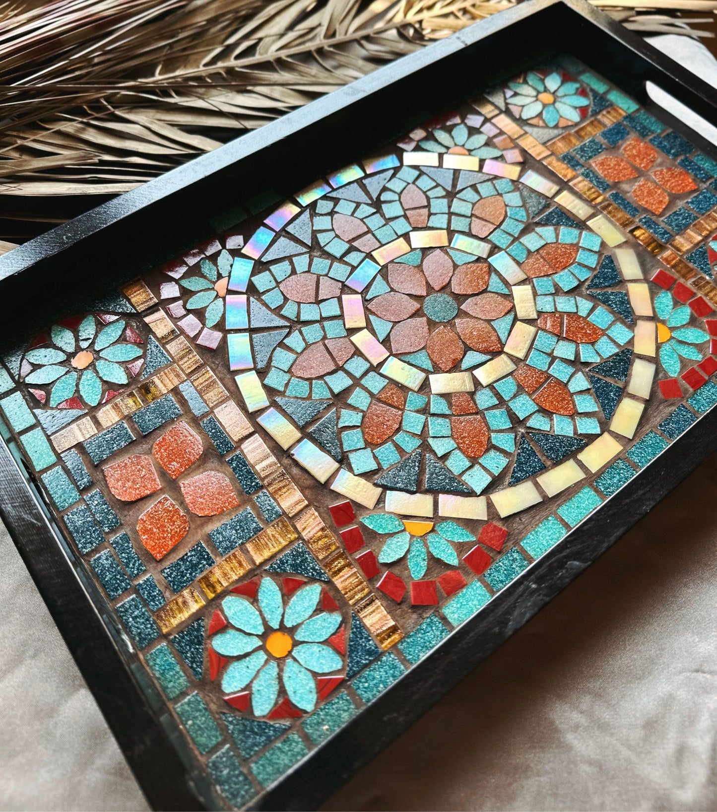 Geometric Mosaic Tray | Handcrafted Andalusia Serving Tray, Moorish Art Home Decor, Mediterranean Tilework Centerpiece | Unique Artisan Gift