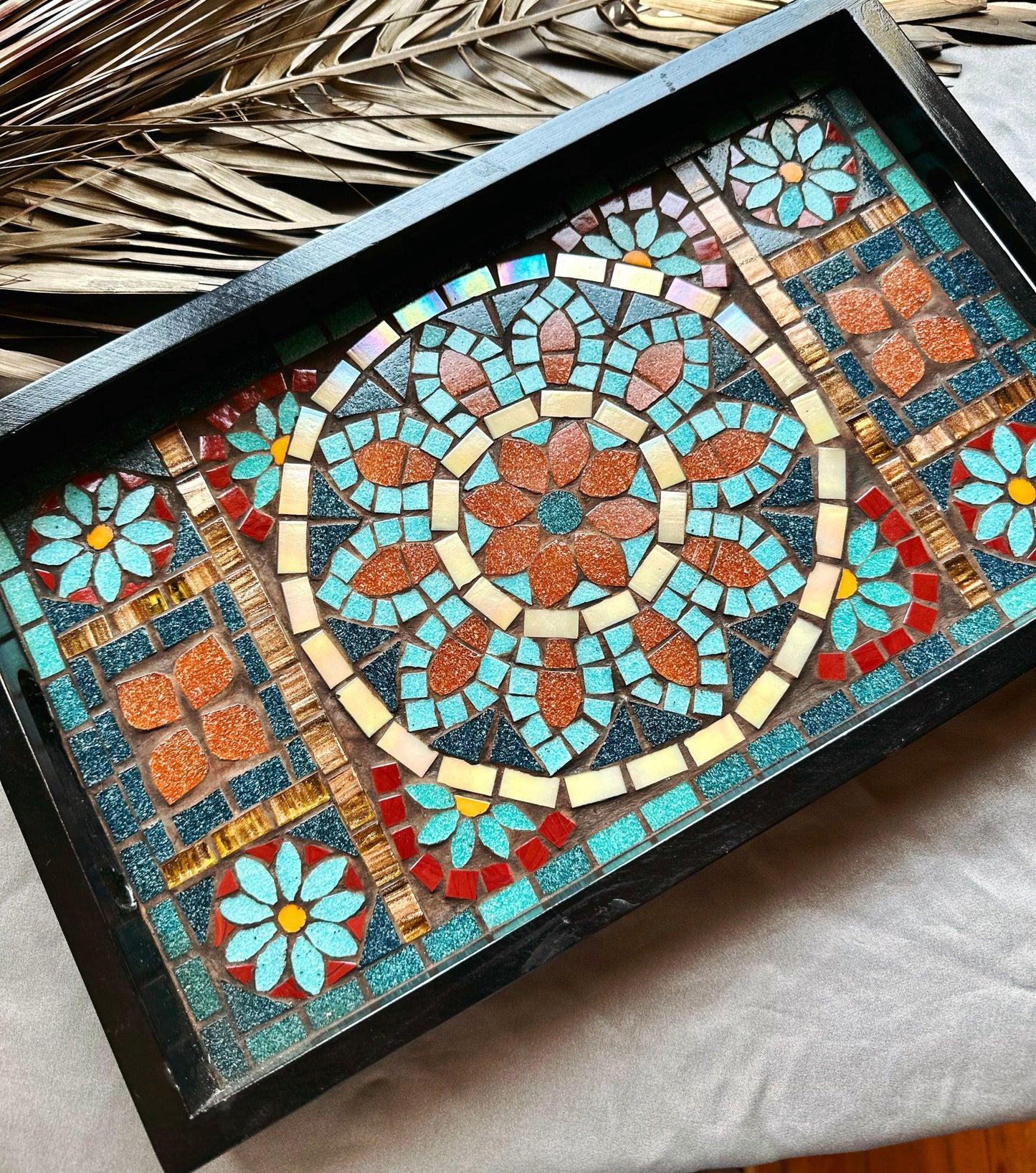 Geometric Mosaic Tray | Handcrafted Andalusia Serving Tray, Moorish Art Home Decor, Mediterranean Tilework Centerpiece | Unique Artisan Gift