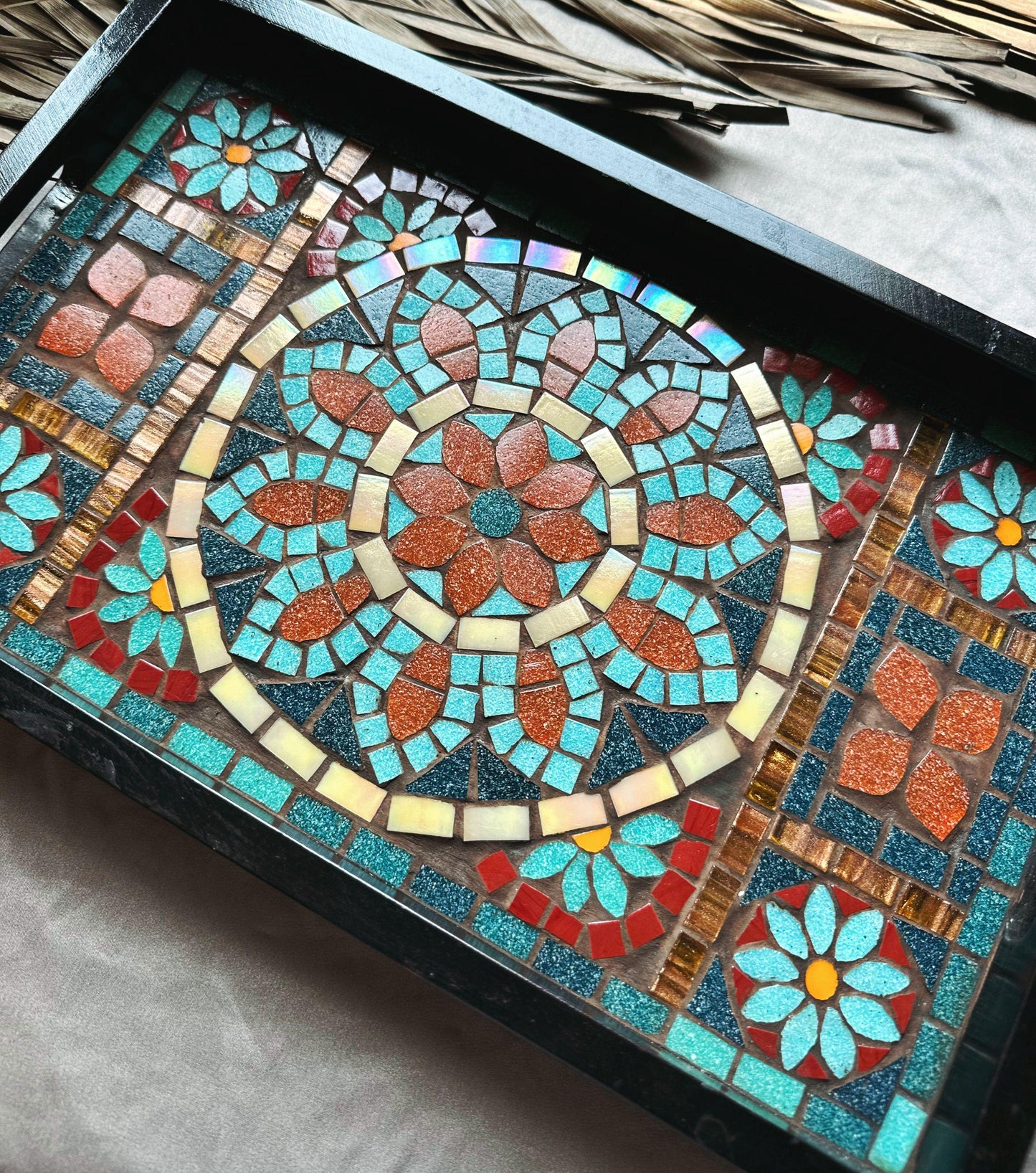 Geometric Mosaic Tray | Handcrafted Andalusia Serving Tray, Moorish Art Home Decor, Mediterranean Tilework Centerpiece | Unique Artisan Gift