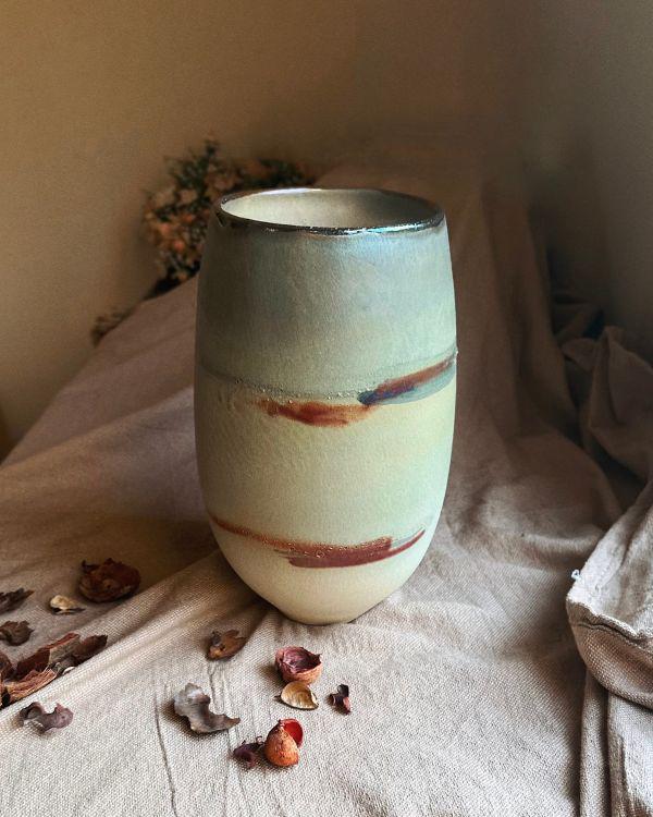 Artistic Ceramic Vase | Faded Rustic Green with Metallic Accents & Rim | Multi-Color Brush Strokes | Handmade Home Decor