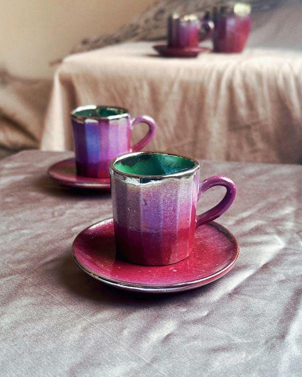 Violet & Crimson Cup and Saucer Set | For Espresso, or Turkish/Arabic Coffee | with Teal/Turquoise Interior | and a Metallic Gold Rim