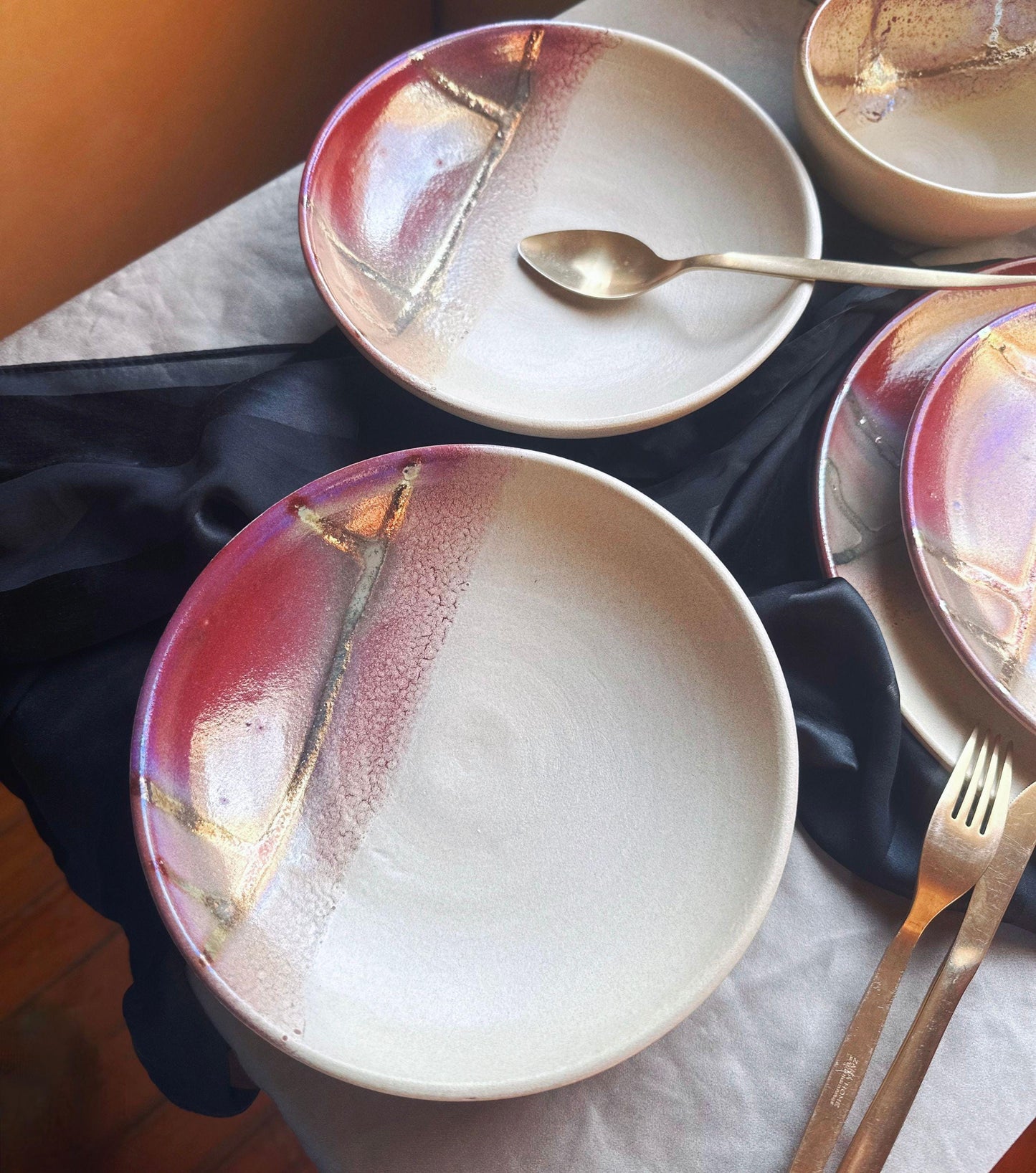 Burgundy, Pink, Violet, Gold & Beige Earthenware Pasta Bowl Set | Handcrafted Artisan | Microwave, Dishwasher-Safe Ceramic Tableware