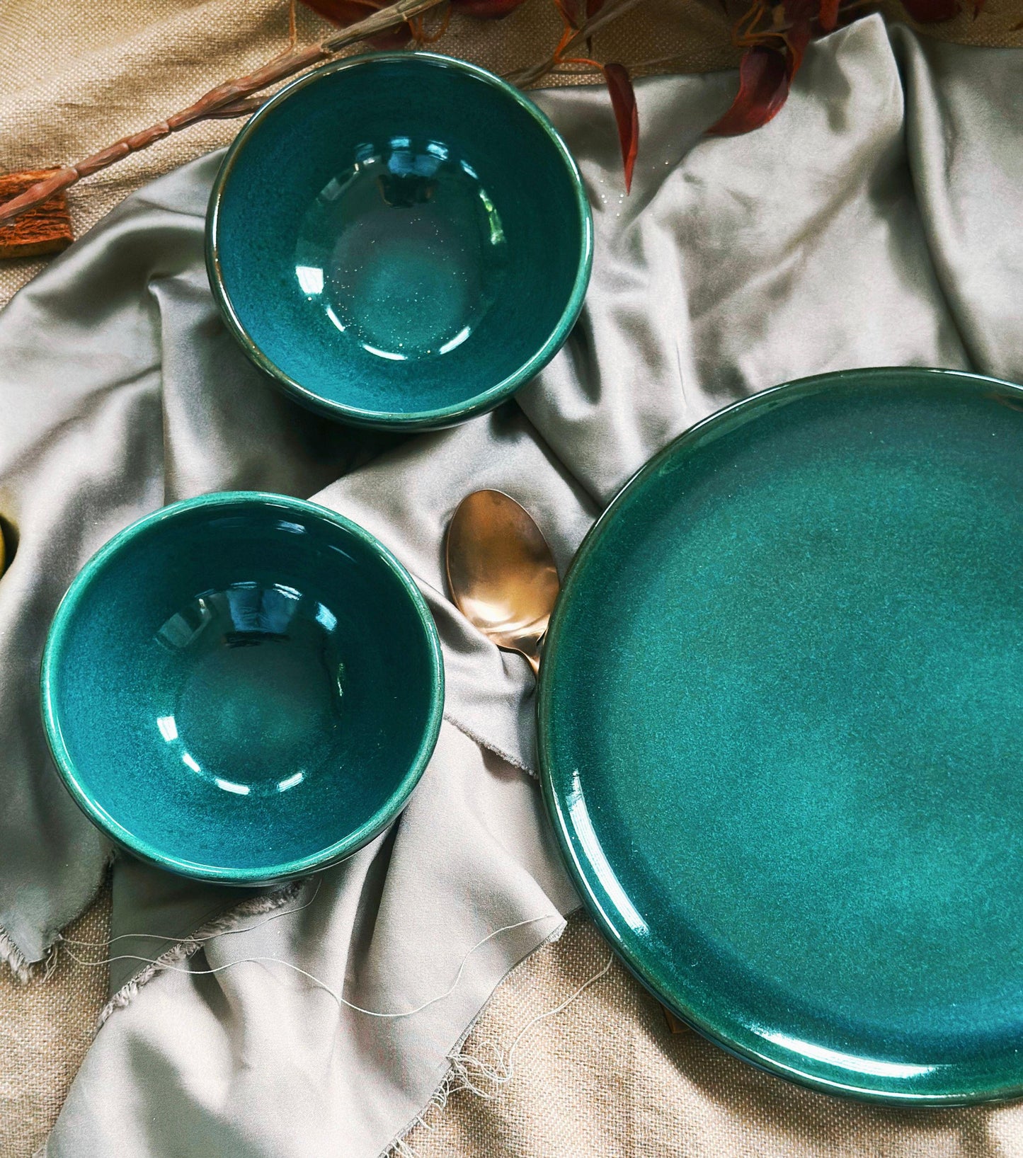 Green Bowls Set | | with Hints of Turquoise | Artisan Festive Handmade Dinnerware | Dishwasher-Microwave Safe