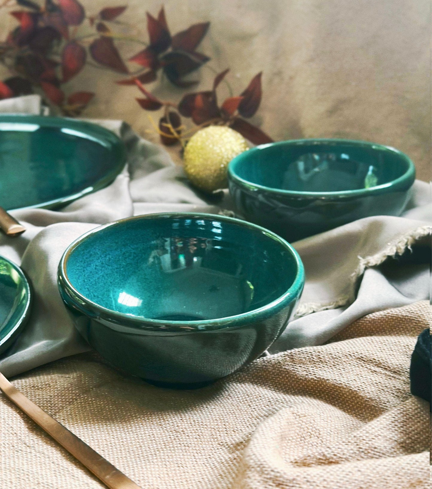 Green Bowls Set | | with Hints of Turquoise | Artisan Festive Handmade Dinnerware | Dishwasher-Microwave Safe