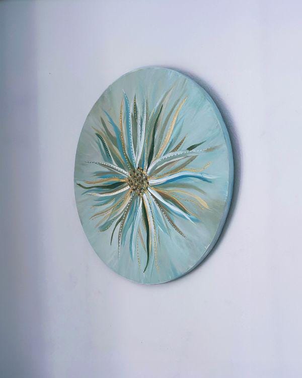 Floral Art Decorative Plate | Aqua Blue, Gold & Off-White | Relief Art with Stencil Paste | Handmade Artisan Home Decor | With Wall Hanger