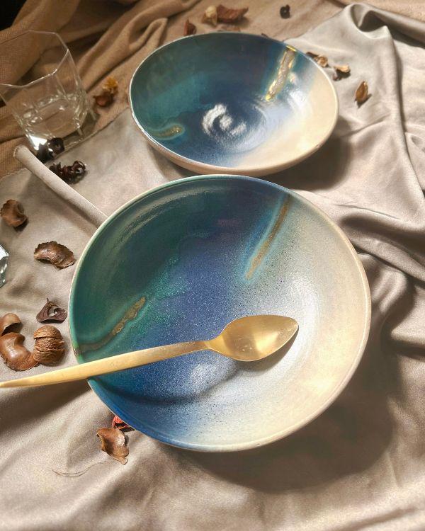 Cream & Blue Pasta Bowls Set | With Gold Accents and Turquoise-Teal Gradient | Handcrafted Artisan | Microwave, Dishwasher-Safe Dinnerware
