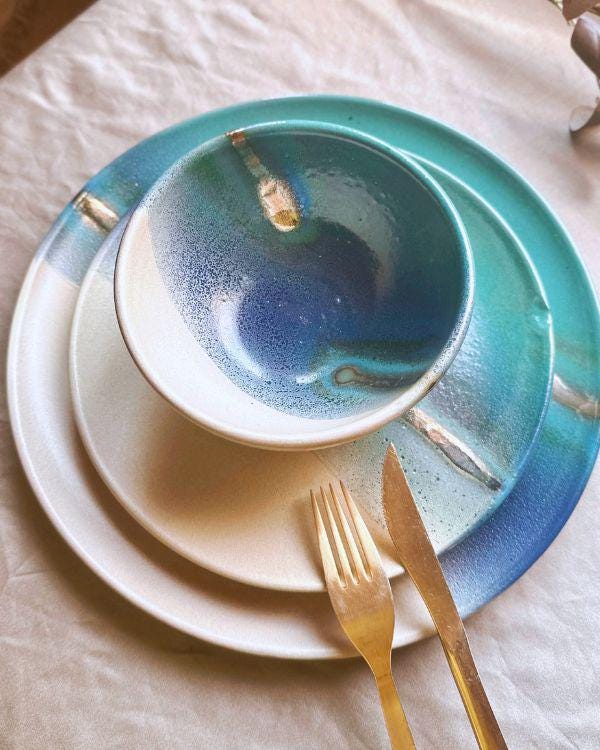 Blue & Cream Dinner-Soup Bowl Set | With Gold Accents and Turquoise-Teal Gradient | Handcrafted Artisan | Microwave, Dishwasher-Safe