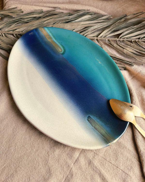 Cream & Blue Serving Platter | Gold Accents and Teal/Turquoise Gradient| Oval | For Appetizers, Main Course, Mini Sandwiches | Artisan