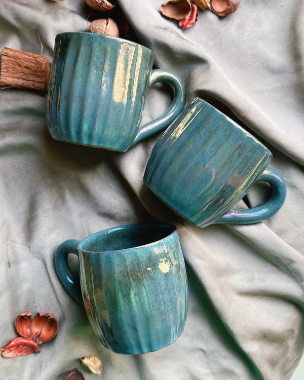 Metallic/Iridescent Green/Teal Cups | for Coffee, Tea, Espresso, and More | Handmade Ceramic Mugs