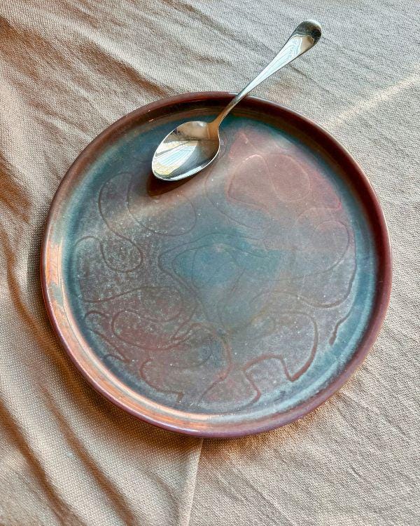 Handcrafted Faded Teal Plate | Subtle Metallic Maroon Sheen & Light Effects | Egyptian Artisan Serving Dish