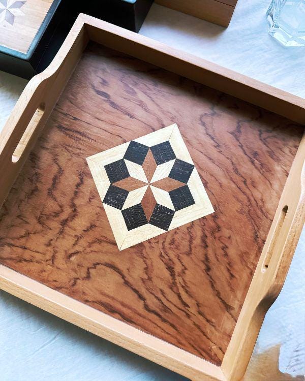 Square Wooden Tray | Natural Wood | Geometric Star Inlay | Table Tray | Boho Rustic Home Decor
