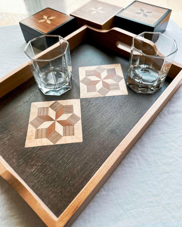 Square Wooden Tray | Natural Wood | Geometric Star Inlay | Table Tray | Boho Rustic Home Decor