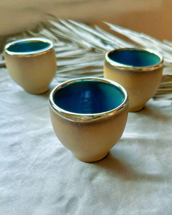 Sandy - Olive Green Espresso Cups | Teal - Turquoise Interior | Gold Rim | For espresso | Cup Set | Handmade in Small Batches