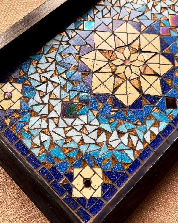 Mosaic Serving Tray | Andalusian/Arabian Handmade Middle Eastern Decorative Wooden Tray- Ramadan Home Decor - Blue & Bronze Art