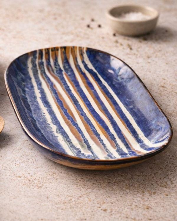 Navy & Beige Serving Platter | Artisan Ceramic Serveware | Appetizer plate