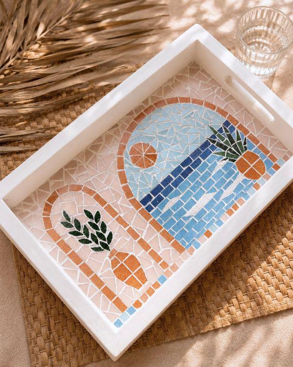 Serving Tray – Mosaic Mediterranean Tiles, Coastal Boho Kitchen Decor | Pastel Palette | White Wooden Frame | Summer Design