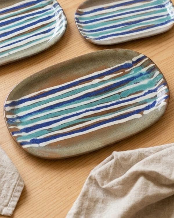 Blue & Beige Serving Platter | Artisan Ceramic Serveware | Appetizer plate