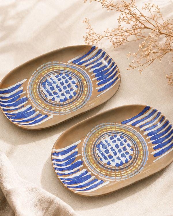 Earthy Serving Platter | Beige, Navy, White & Yellow | Artisan Ceramic Serveware | Serving -Appetizer plate