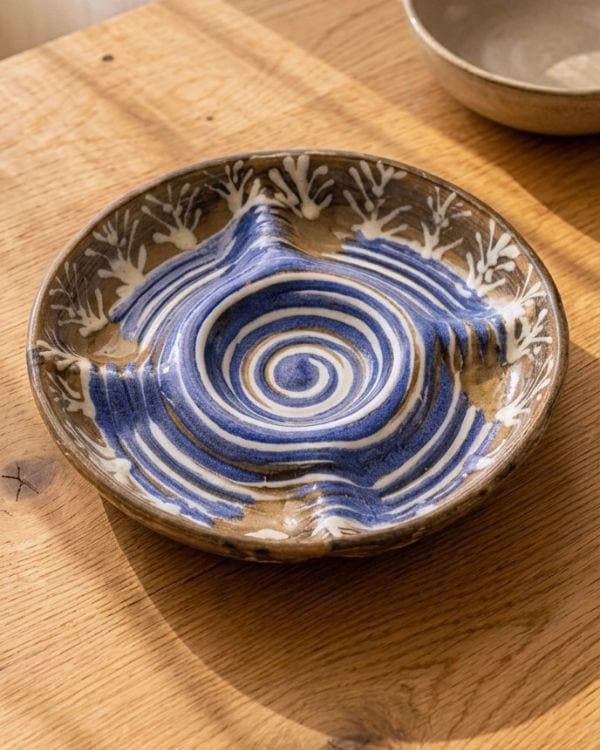 Aqua/Navy Divided Serving Bowl - Handmade Ceramic – Mezze Platter with Dip Bowl – Snack, Nachos, Nuts & Appetizer Serving Dish