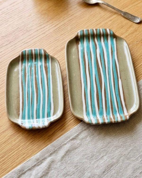 Handcrafted Coastal Ceramic Tray | Clay Tones | Turquoise, White Artwork | Boho Home Decor | Two Sizes