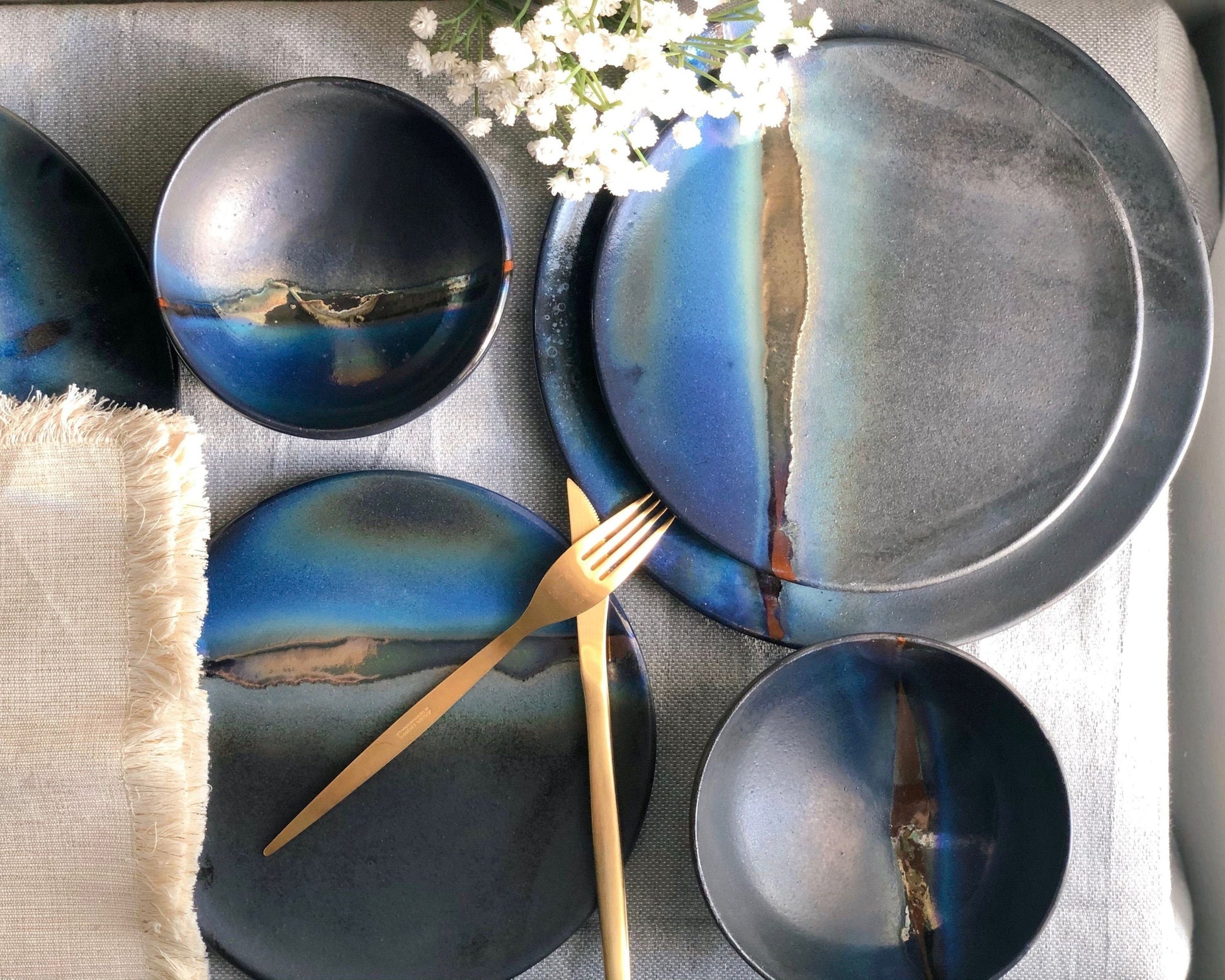 Black Dinner Set with shades of Blue, and Gold Metallic Luster Stripe - 3-piece Artistic Handmade Reduction Firing Pottery Dinnerware